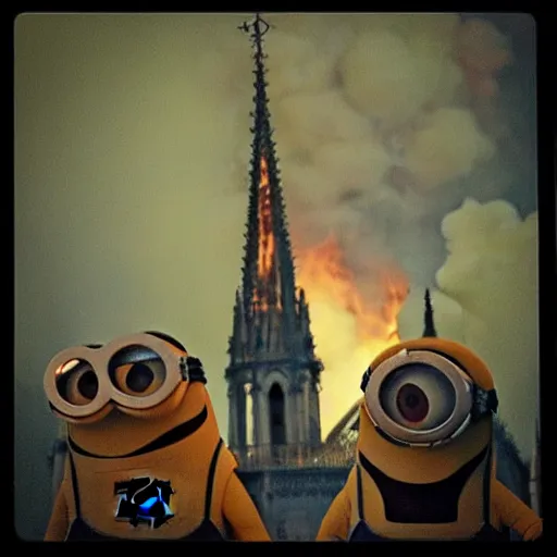 Image similar to “minions laughing as the Notre dame burns behind them”