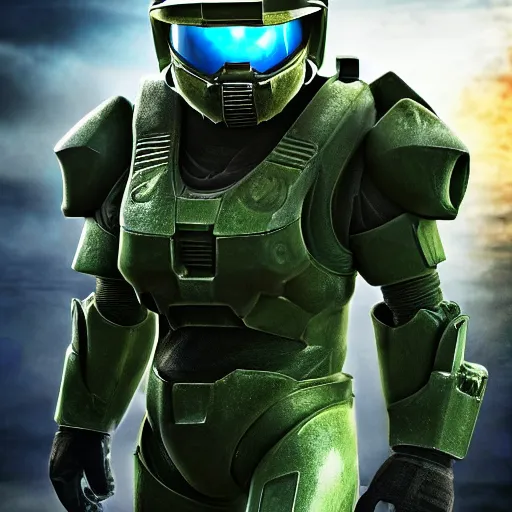 Image similar to Super Mario as Master Chief, highly detailed, extremely high quality, HD, 4k, 8k, Canon 300mm, professional photographer, 40mp, lifelike, top-rated, award winning, realistic, detailed lighting, detailed shadows, sharp, no blur, edited, corrected, trending