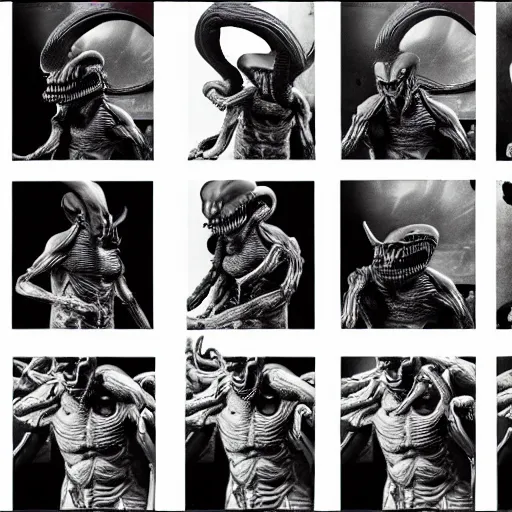 Prompt: xenomorph. film strip. 9 frames.