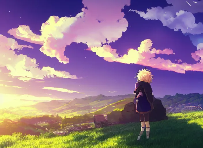 Prompt: illustration of green hills with clouds in the background, golden hour sunset, purple beautiful sky, cute anime girl with platinum blonde hair and big eyes, close to foreground, anime key visual, official media, illustrated by wlop, extremely detailed, 8 k, trending on pixiv, cinematic lighting, beautiful