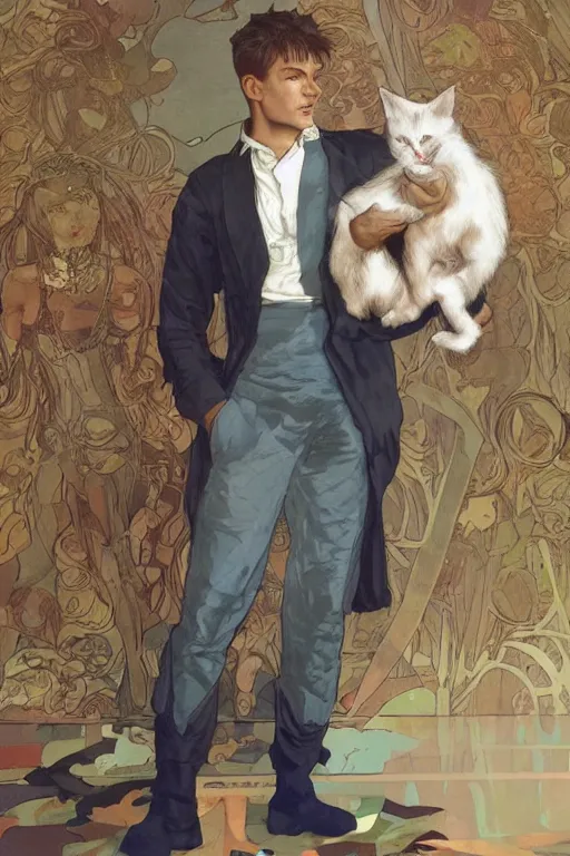 Prompt: full body portrait of a single beautiful young fit man, modern haircut, open shirt, large pants, holding a small cat on a arm. by greg rutkowski and alphonse mucha, d & d character, in front of a modern room background, highly detailed portrait, digital painting, artstation, concept art, smooth, sharp focus illustration, artstation hq