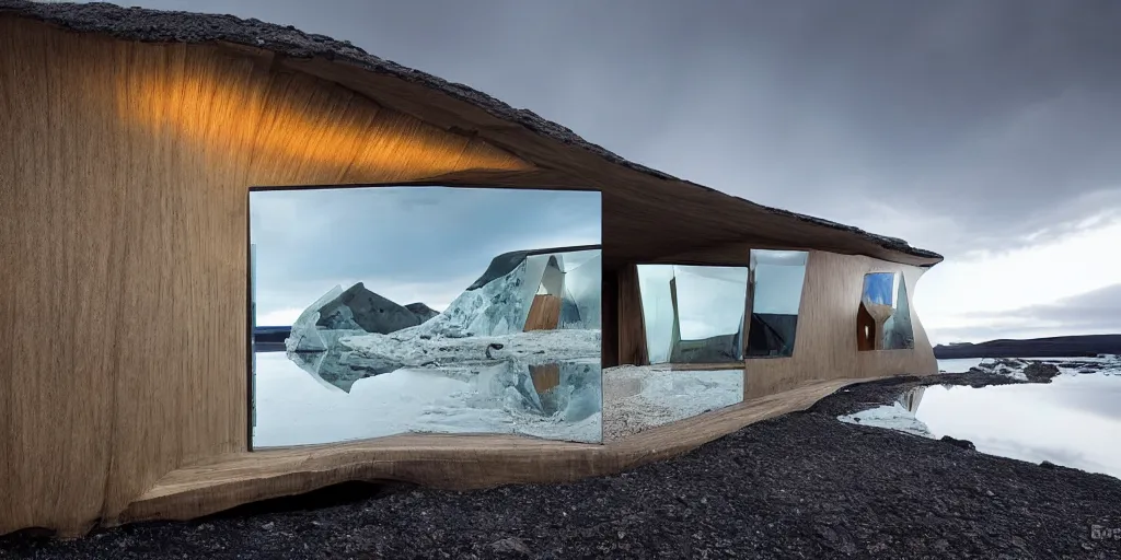 Image similar to futuristic architect house made from deconstucted ash wood and mirrors, floating, portal, refraction, iceberg, polar bear, iceland landscape photography, by lurie belegurschi and gunnar freyr