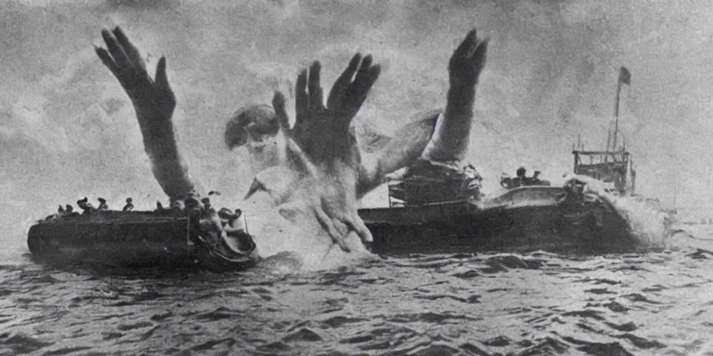 Image similar to a boat being grabbed by a giant underwater hand, 1 9 0 0 s photograph