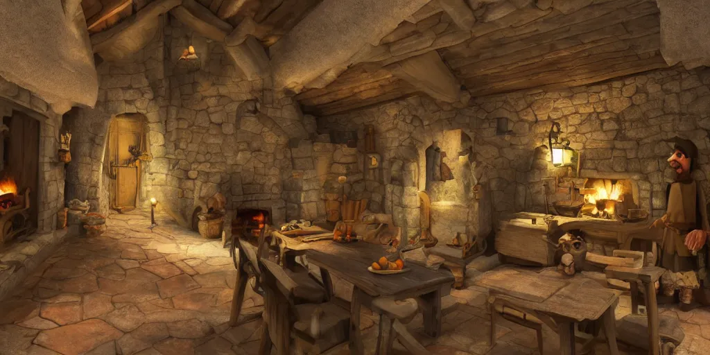 Image similar to medieval cottage interior, pixar animation