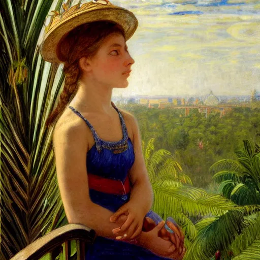 Image similar to a ultradetailed beautiful painting of a girl in the amazonas palace balustrade designed by jules bastien - lepage, tarsila do amaral, frank weston and gustave baumann, beach, trending on artstation, mediterranean, palm trees, hyper detailed face, sharp focus, soft light, 8 k 4 k