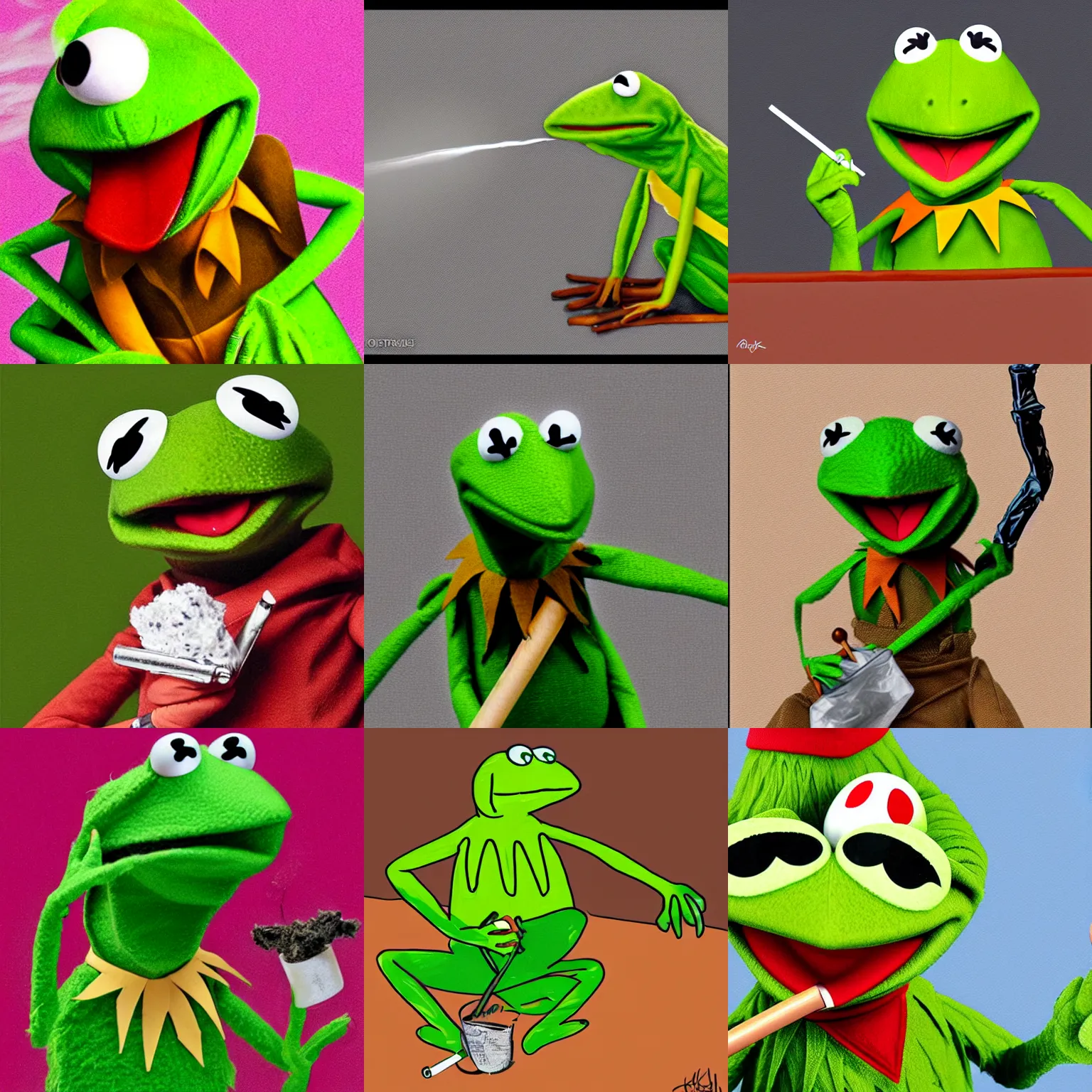 Prompt: kermit the frog smoking a joint, digital art, photorealistic