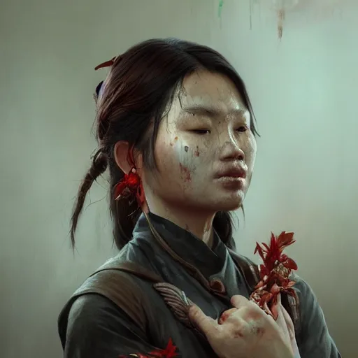 Image similar to portrait painting of a bloodied vietnamese female butcher, ultra realistic, concept art, intricate details, eerie, highly detailed, photorealistic, octane render, 8 k, unreal engine. art by artgerm and greg rutkowski and alphonse mucha