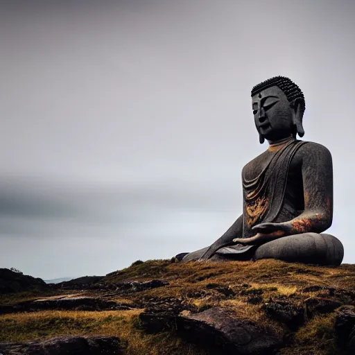 Image similar to huge stone buddha statue on a cliff, rule of thirds, 8 k, moody, water, intense color, highly detailed, dream landscape, wide, cinematic, hyperrealistic, stone, old ruins,