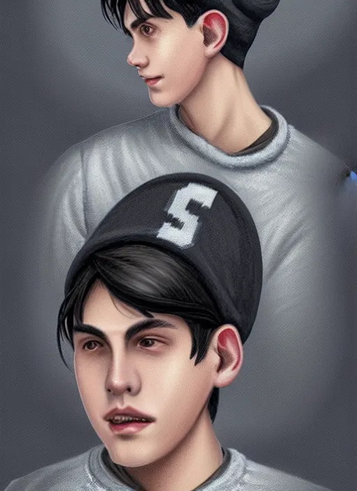 Image similar to portrait of teenage jughead jones wearing a light grey crown, photorealistic, crown, eyes closed, crown, black hair, sweater with letter s on it, letter s, intricate, elegant, glowing lights, highly detailed, digital painting, artstation, concept art, smooth, sharp focus, illustration, art by wlop, mars ravelo and greg rutkowski