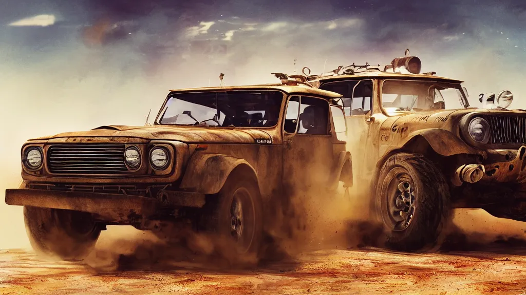 Prompt: illustration of mad max's fj 4 0 pursuit special, the last v 8 interceptor driving down to the gates of valhalla highway, fury road, eternal shiny and chrome, world of fire and blood, by makoto shinkai, ilya kuvshinov, lois van baarle, rossdraws, basquiat, studio ghibli, global illumination ray tracing hdr