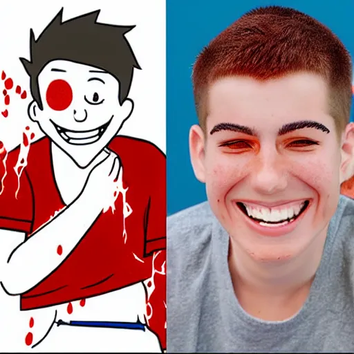 Prompt: a male cartoon teen in red with blood and an evil grin with injuries wearing white shirt on a burning background and short hair