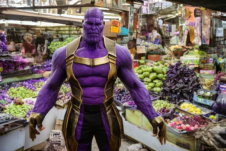 Prompt: photo of thanos looking for his mom inside the market, 4k