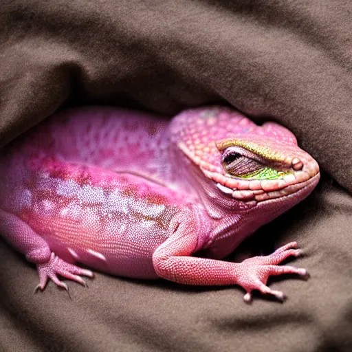 Image similar to pink lizard woman sleeping in a soft bed