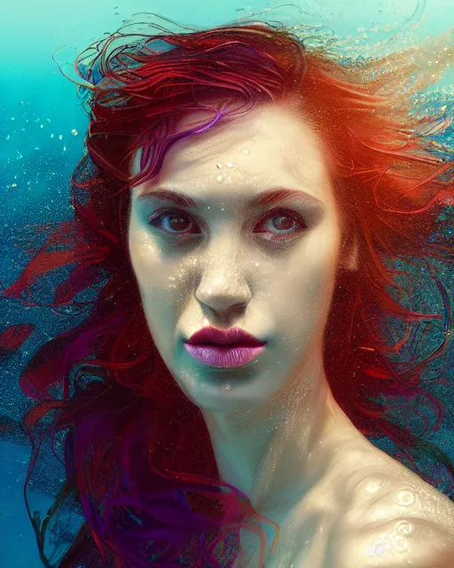 Prompt: portrait of woman underwater during sunrise, sunrays, flowing fabrics, caustics, rippling water, photoshoot, flowing hair, haunting, iconic, fine-art, masterpiece, trending on artstation
