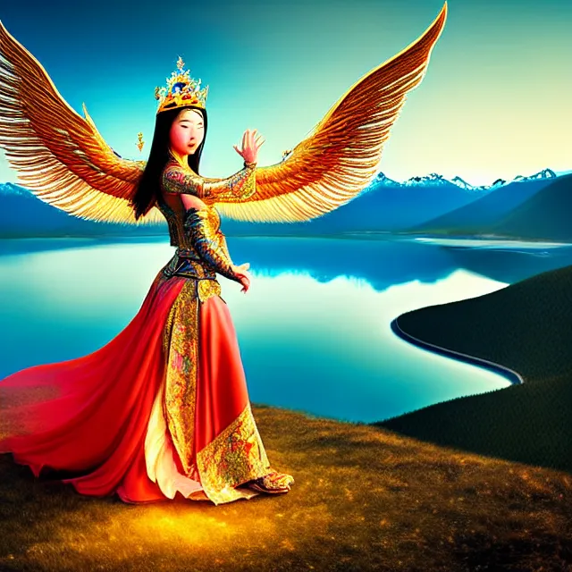 Prompt: beautiful asian mongolian princess goddess spreading its wings, princess wearing a beautiful ornate crown, in the background lake baikal is seen, atmospheric lighting, intricate, volumetric lighting, beautiful, sharp focus, ultra detailed, in the art style of bagshaw tom