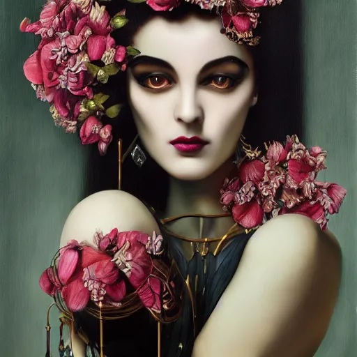 Image similar to dynamic composition, a painting of a woman with hair of flowers and raven plummage wearing ornate earrings, a surrealist painting by tom bagshaw and jacek yerga and tamara de lempicka and jesse king, featured on cgsociety, pop surrealism, surrealist, dramatic lighting, wiccan, pre - raphaelite, ornate gilded details