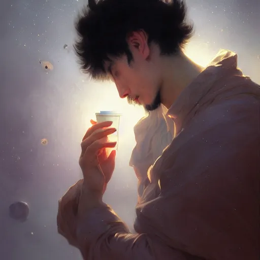 Image similar to A man drinking a cup of cosmic energy bright light, illustration by Ruan Jia and Mandy Jurgens and William-Adolphe Bouguereau, Artgerm, 4k, digital art, surreal, anime style, space dandy style, highly detailed, godsend, artstation, digital painting, concept art, smooth, sharp focus, illustration by Ruan Jia and Mandy Jurgens and William-Adolphe Bouguereau, Artgerm