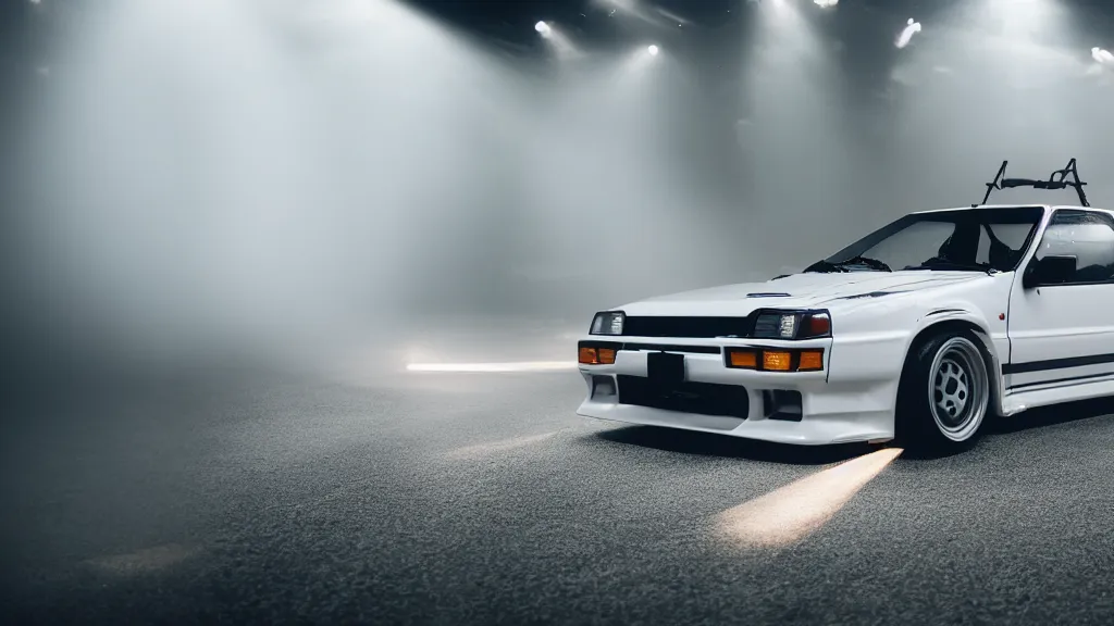 Prompt: takumi fujiwara's toyota ae 8 6 with pop up headlights, cinematic, nikon d 7 5 0, long exposure, white balance, 8 k, led, lumen global illumination, fog, ray tracing reflections, fxaa, rtx, post - production