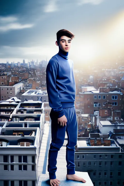 Image similar to un ultra high definition studio quality photographic art portrait of a young man standing on the rooftop of a british apartment building wearing soft padded silver pearlescent clothing. three point light. extremely detailed. golden ratio, ray tracing, volumetric light, shallow depth of field. set dressed.