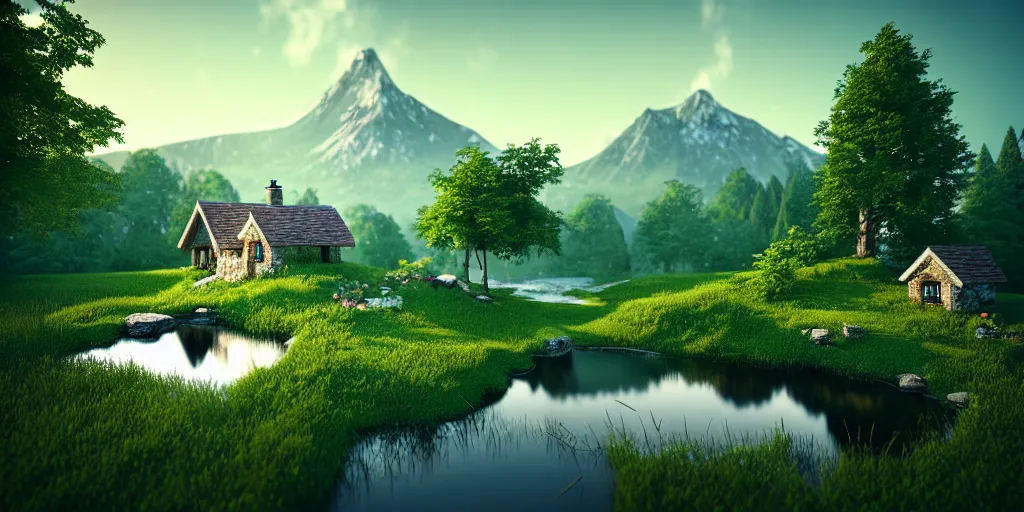 Image similar to a beautiful fantasy landscape, mountain in background, little cottage, small pond, some trees in the corner. hyper realism, octane render