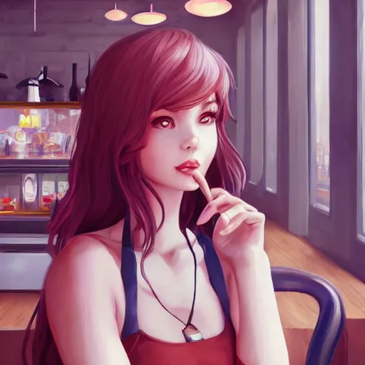 Image similar to lofi girl in the cafe, stylized, artgerm, artstation, hd, cgsociety, cgi, realistic, dramatic, cinematic, artistic, trending, detailed