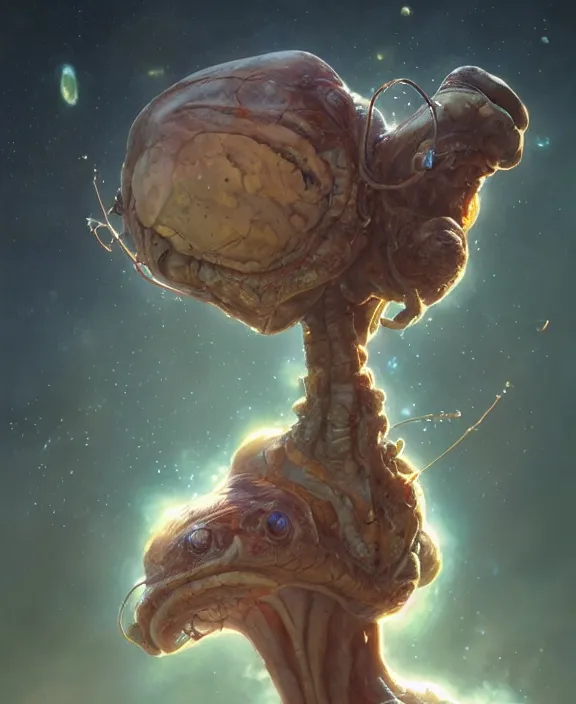 Image similar to portrait of an alien fungus creature, adorable, childlike, milky way environment, ultra realistic, concept art, cheerful, photorealistic, octane render, 8 k, unreal engine. art by christopher marley and artgerm and greg rutkowski and alphonse mucha