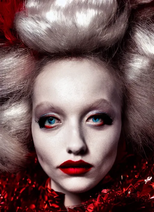 Image similar to a photorealistic dramatic hyperrealistic editorial fashion render of the glamorous red queen from alice in wonderland by alexander mcqueen and lindsay adler, beautiful dynamic dramatic dark moody lighting, shadows, cinematic atmosphere, 8 k