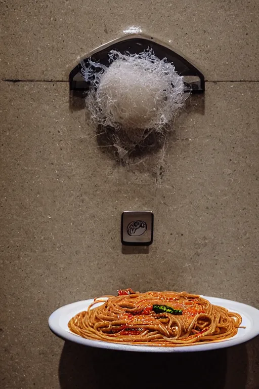 Prompt: food photography of spaghetti with a urinal cake in a gross public toilet, voyeur photography