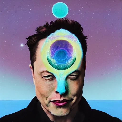 Prompt: surrealist portrait painting of elon musk's acid trip, album cover