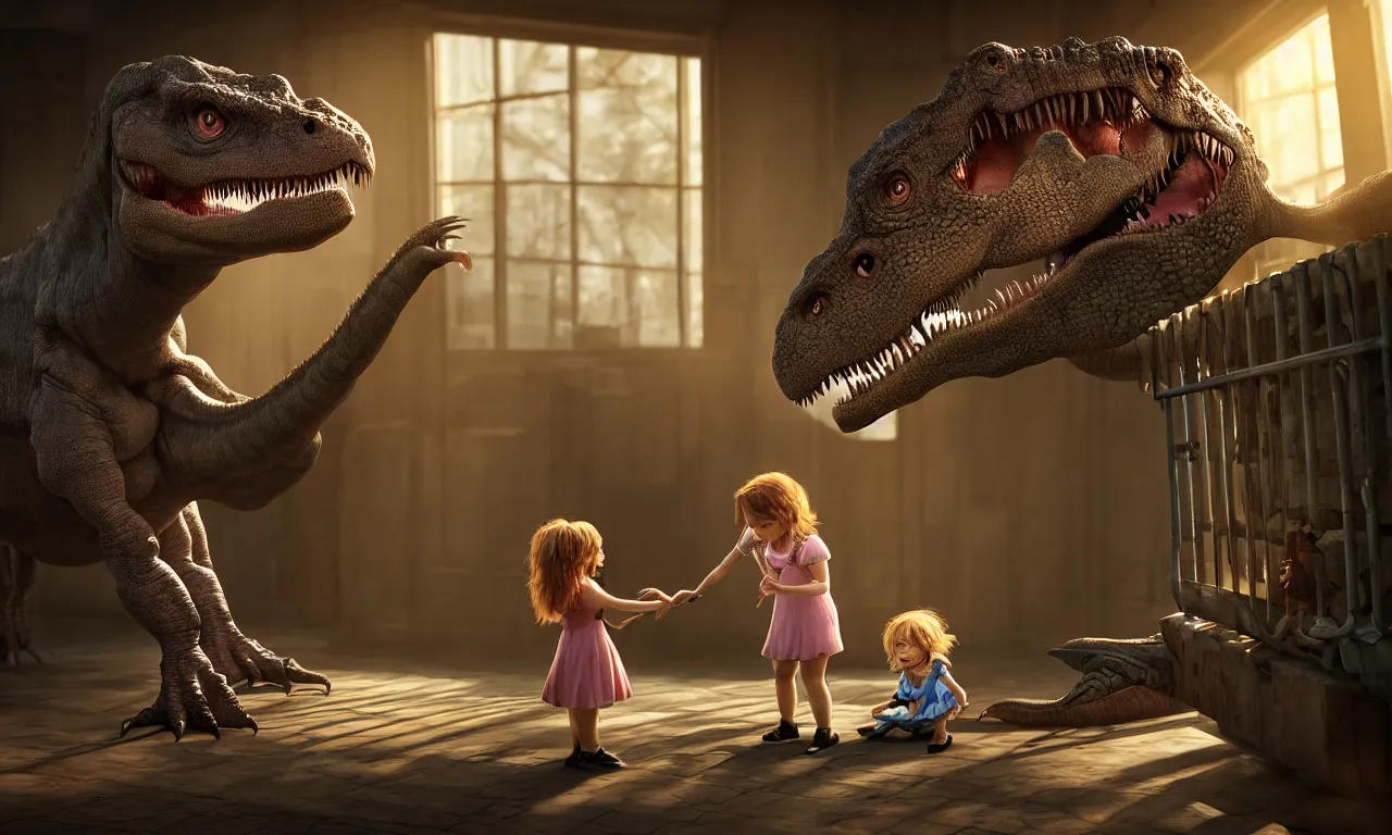 Image similar to portrait of a little girl sticking her hand through the bars and feeding a tyrannosaurus, very high details, raytracing, back light, raymarching, by ilm, by digital domain, by weta digital