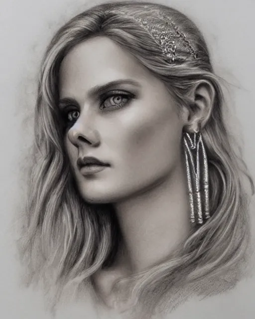 Image similar to pencil drawing of a beautiful greek goddess aphrodite with arrowhead earrings, beautiful piercing eyes, beautiful blonde hair, hyper realistic face, in the style of greg rutkowski, fantasy, amazing detail, epic, elegant, smooth, sharp focus, from the front