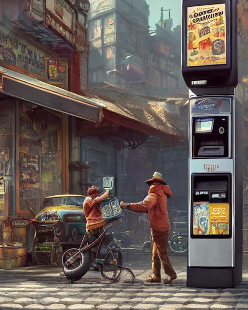 Image similar to talking truck buying cigarettes from a vending machine in a robust fantasy village, calming, uplifting mood, ultra realistic, factory, funny, small buildings, highly detailed, epic lighting, illuminated, cinematic, morning, art by eddie mendoza