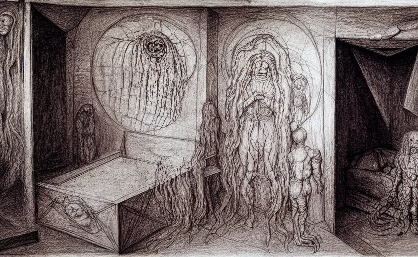 Image similar to a cosmic horror monstrosity inside of a child's bedroom, pencil drawing by leonardo da vinci, extremely detailed, disturbing, cinematic, 4 k, 8 k,