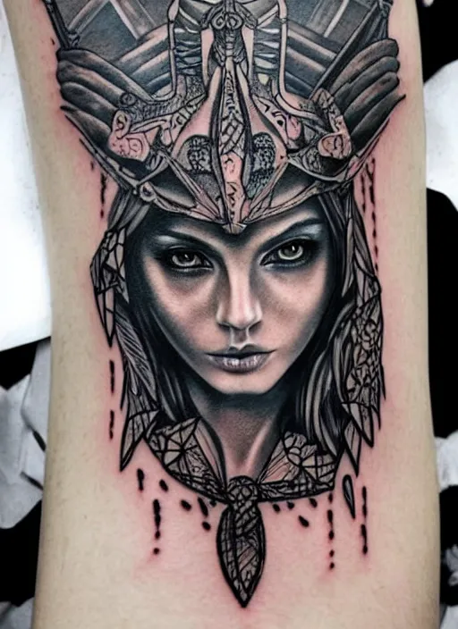 Prompt: tattoo design of a hyper - realistic beautiful girl warrior, hyper detailed, in the design of eliot kohek, on white background
