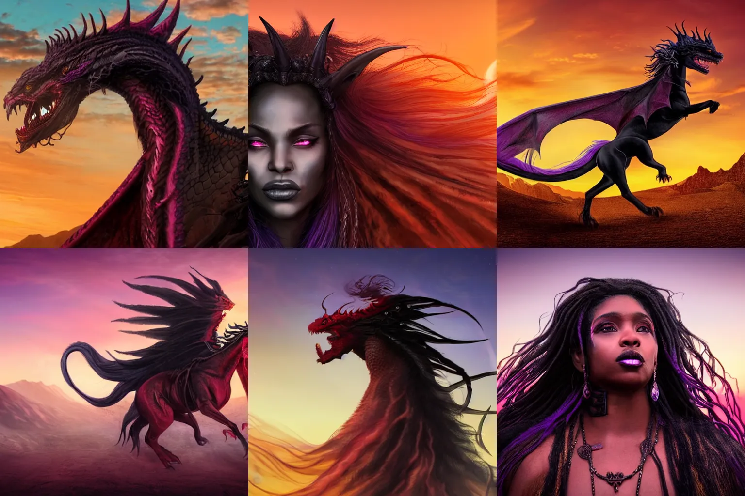 Prompt: closeup of a beautiful black sorceress with purple eyes and long flowing hair, riding on the back of an enormous, roaring red dragon through the mojave desert at sunset. horror fantasy. 4 k. highly detailed. photorealistic.