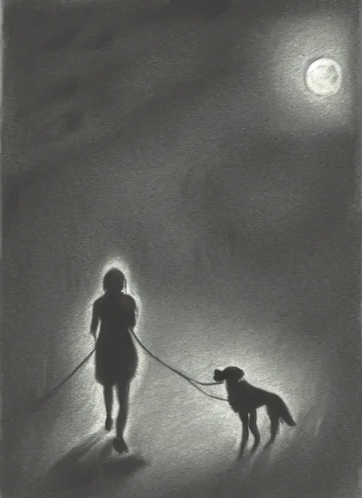 Prompt: young brown woman walking her dog in a park at night with a full moon charcoal drawing