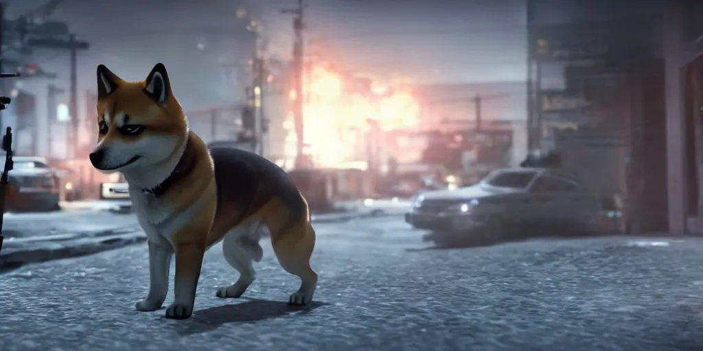 Image similar to A shiba inu dog in Call of Duty Vanguard, cinematic shot, dramatic lighting