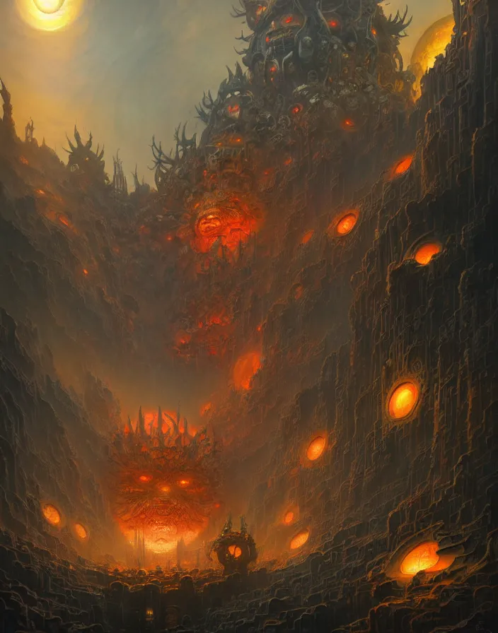 Prompt: highly detailed, intricate, stunningly beautiful matte painting of cyber hell full of demons, huge glowing sun, by shaun tan and peter mohrbacher