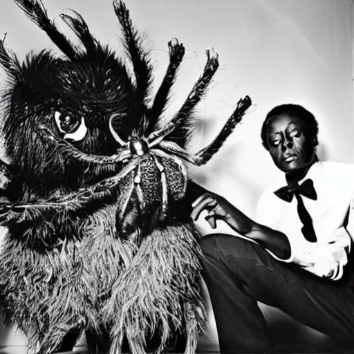 Image similar to miles davis petting a giant hairy spider with big eyes