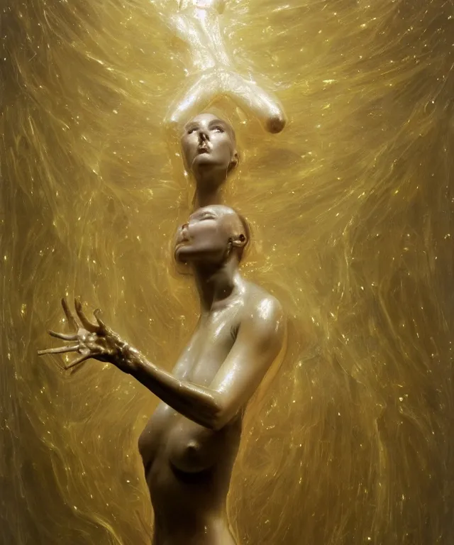 Image similar to Beautiful full-body wax sculpture of glowing transparent woman with visible gold bones covered with melted white wax inside the singularity where stars becoming baroque folds of dark matter by Michelangelo da Caravaggio, Nicola Samori, William Blake, Alex Grey and Beksinski, dramatic volumetric lighting, highly detailed oil painting, 8k, masterpiece