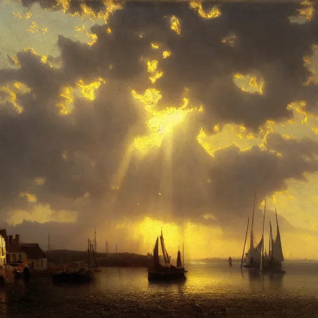 Image similar to stunning high quality landscape painting of a cornish fishing port at sunset by albert bierstadt, highly detailed, sharp focus, volumetric lighting, dramatic light, crepuscular rays, stormy clouds approaching, trending on artstation, cgsociety, masterpiece