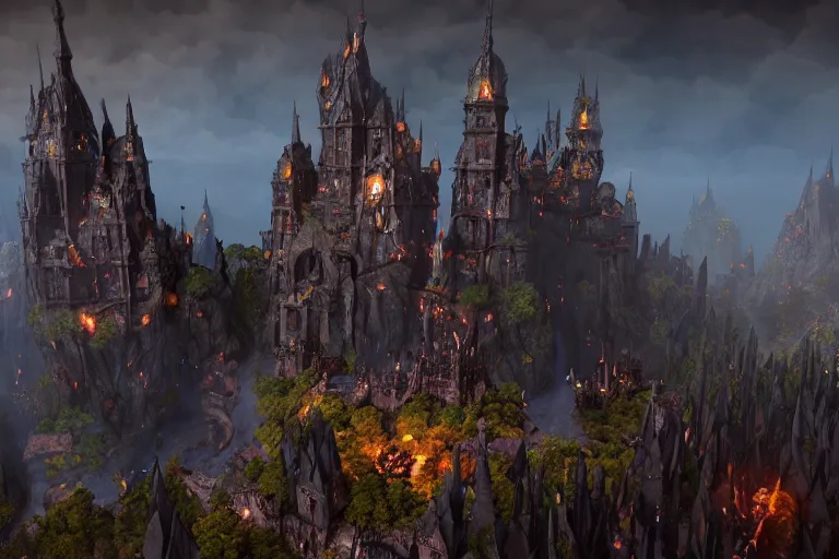 Image similar to big evil castle - city rock dark shadow elves, might and magic heroes vii, dark fantasy, shadows, artstation trending, unreal engine 5, red