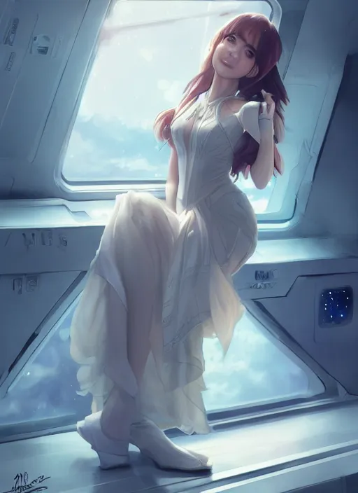 Prompt: woman sitting on a spaceship window, beautiful detailed dress, detailed face, detailed torso, smiling, by artgerm, by wlop, anime style, octane render