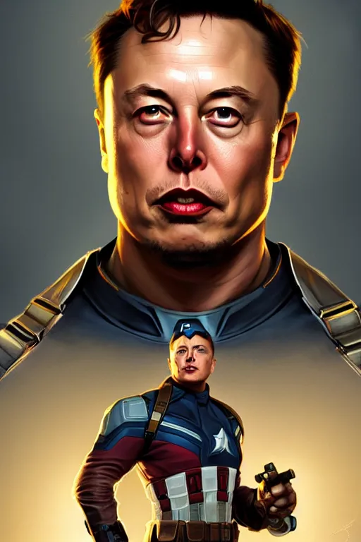 Image similar to elon musk as captain america, portrait, highly detailed, digital painting, artstation, concept art, smooth, sharp focus, illustration, cinematic lighting, art by artgerm and greg rutkowski and alphonse mucha