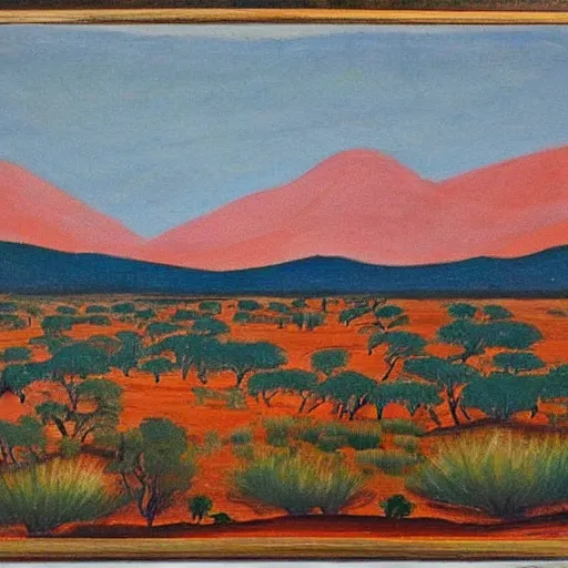 Prompt: beautiful landscapes in the style of Albert Namatjira (1902–1959), Australian aboriginal painter