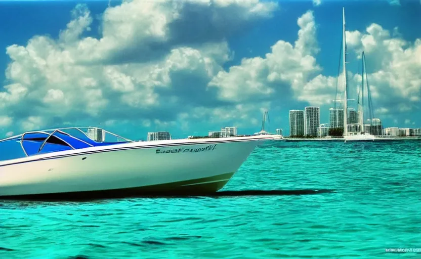 Image similar to photorealistic picture of a sport boat. turquoise water. miami. 8 0's style