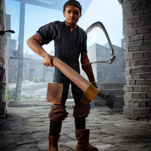 Image similar to realistic 3 d render of blacksmith kid character holding big hammer, unreal engine 5, extremely detailed