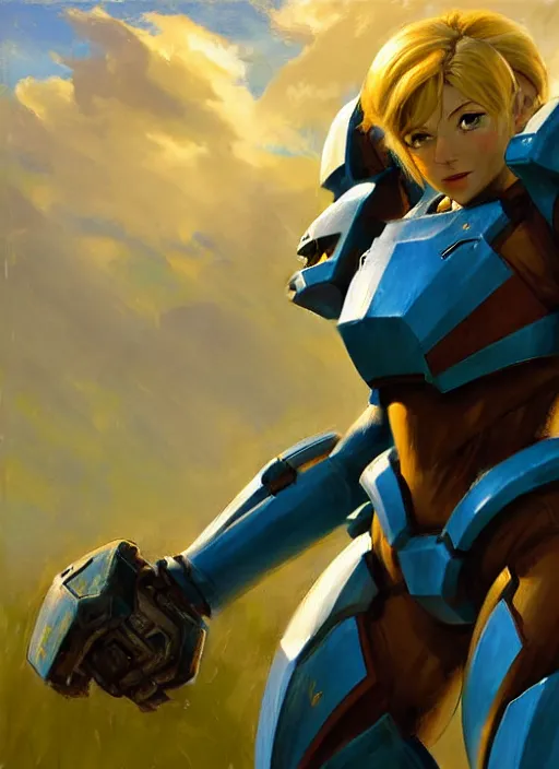 Prompt: Greg Manchess painting of Samus from Metroid Prime wearing Forerunner Armor from Halo, countryside, calm, fantasy character portrait, dynamic pose, above view, sunny day, thunder clouds in the sky, artwork by Jeremy Lipkin and Giuseppe Dangelico Pino and Michael Garmash and Rob Rey, very coherent asymmetrical artwork, sharp edges, perfect face, simple form, 100mm