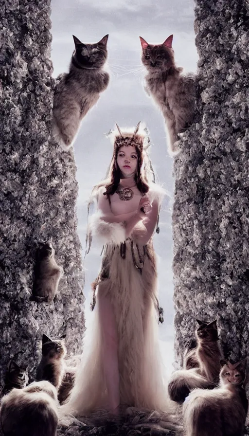 Image similar to dressed anya taylor - joy as goddess of the cats, symmetrical, cinematic, elegant, real photography, 4 k, ultra hd, sense of awe