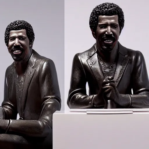 Prompt: photo of lionel richie sculpture in the hello video being sold at christies auction room realistic